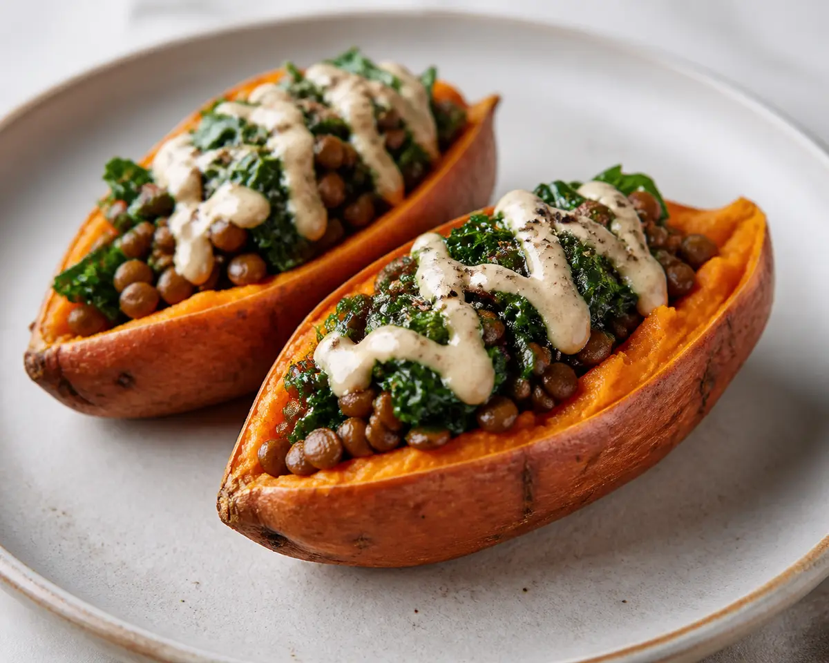 Boniatos rellenos de lentejas ahumadas, kale salteado y crema de girasol al limón