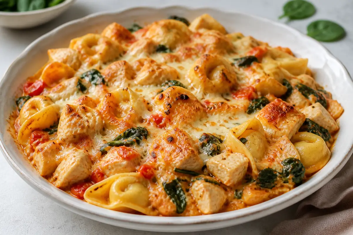 Pastel Familiar de Tortellini con Pollo, Espinacas y Salsa de Pimiento Asado