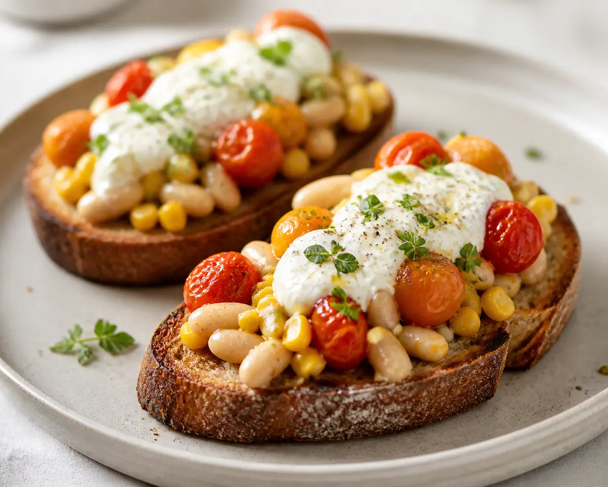 Tostadas Tibias de Frijoles Blancos con Tomates Burst, Maíz y Crema de Limón