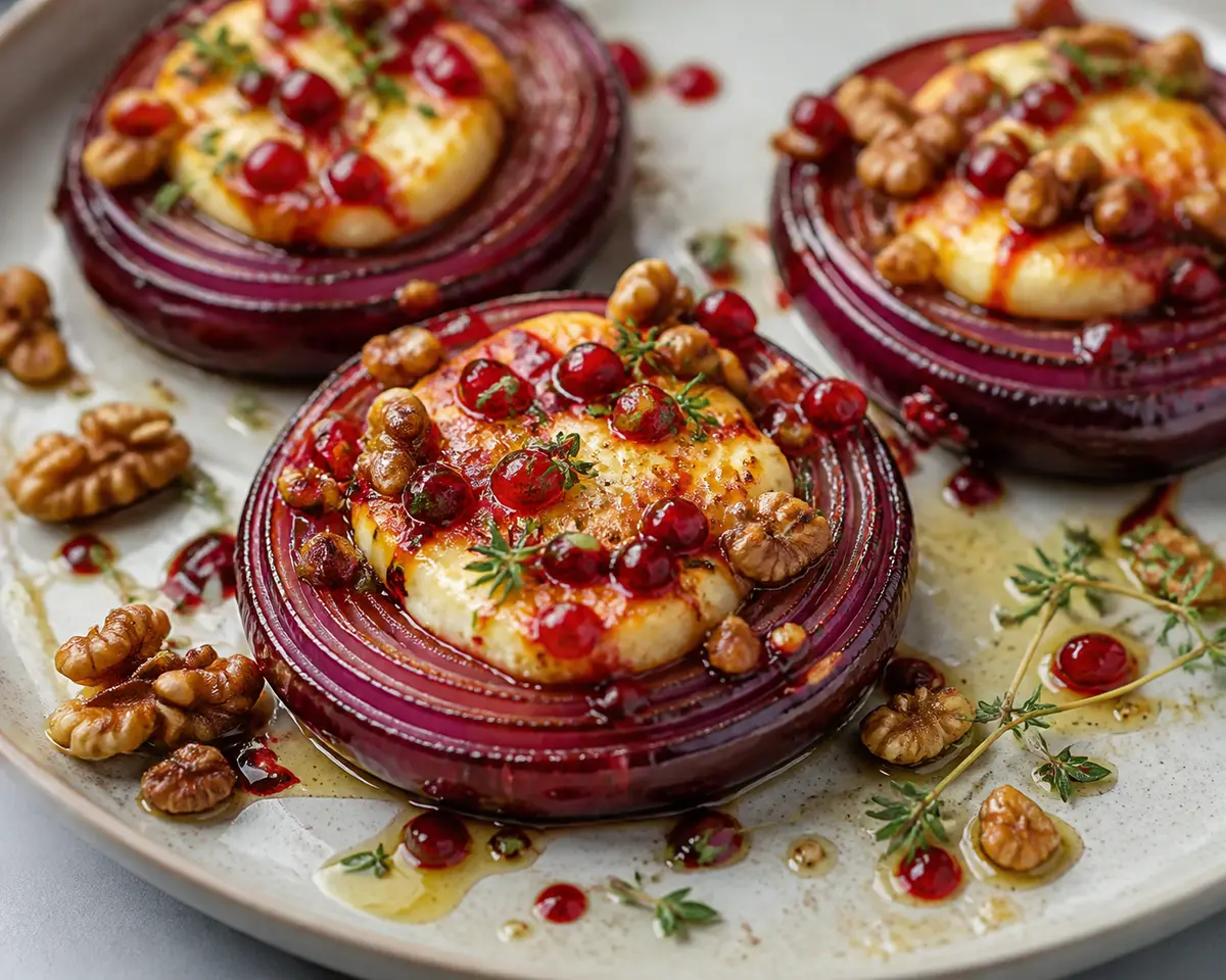 Air Fryer Red Onion Nests with Halloumi, Thyme and Pomegranate Glaze