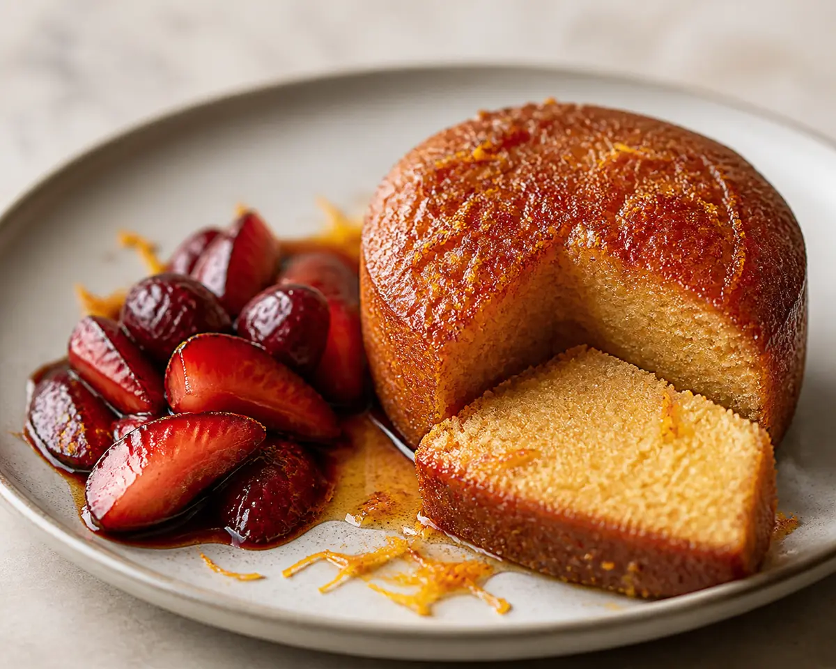 Warm Semolina, Honey and Orange Cakes with Balsamic Strawberries