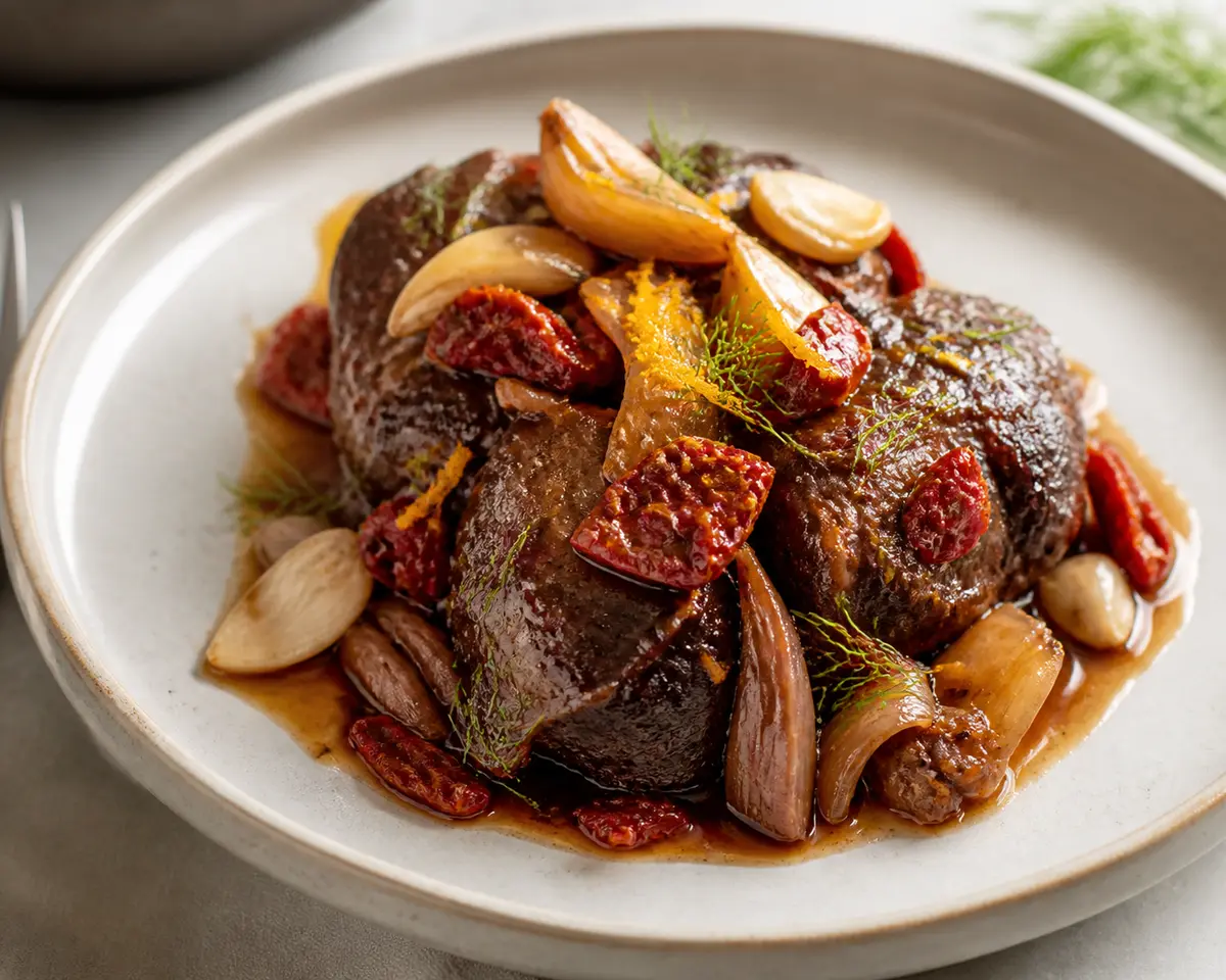 Carrillera de res en slow cooker con tomate seco, hinojo y naranja