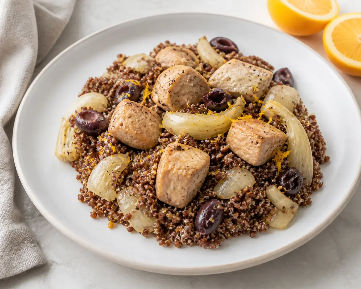 Cerdo cítrico con quinoa roja, hinojo y aceitunas en Instant Pot