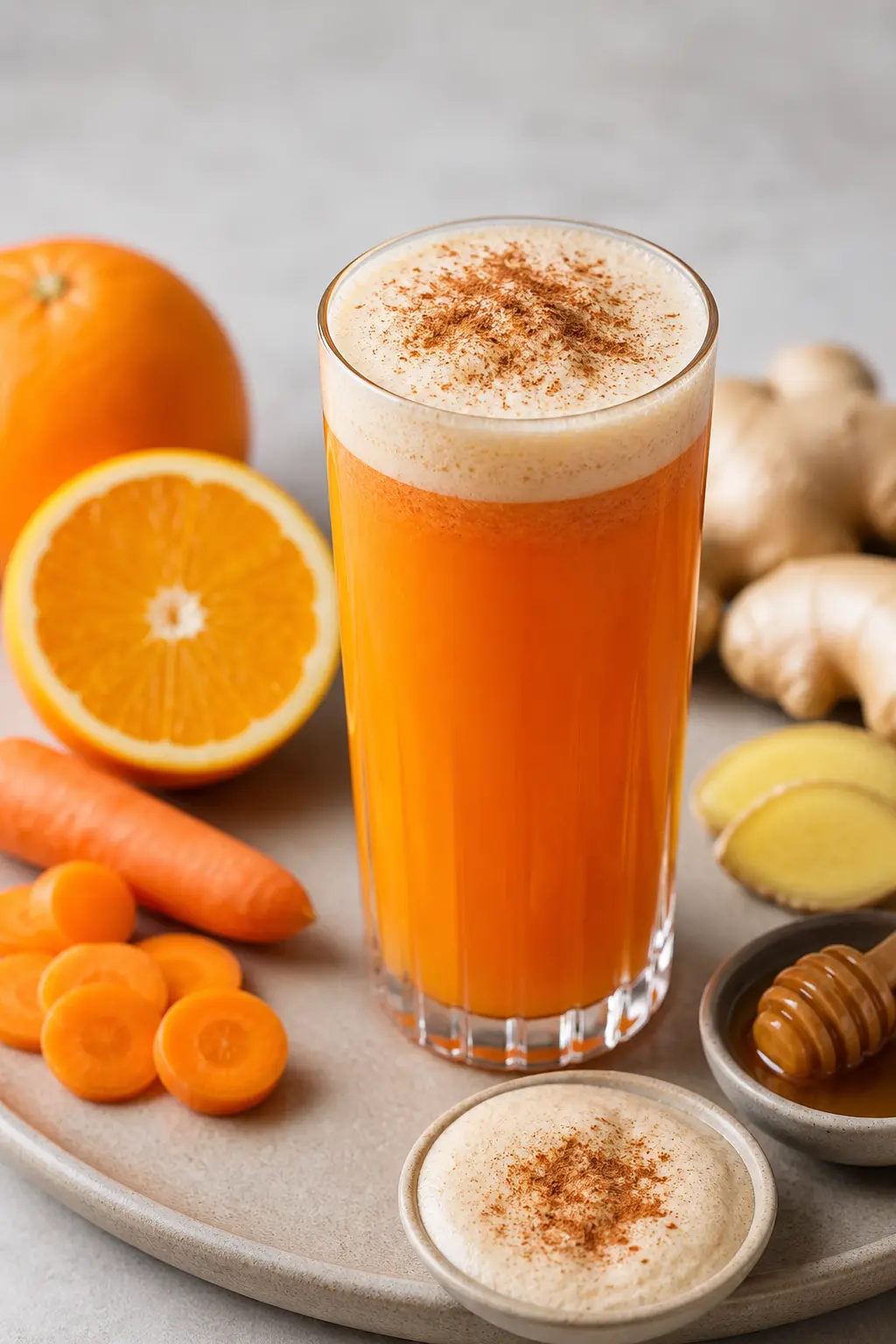 Chilled Roasted Orange, Carrot and Ginger Drink with Light Cinnamon Foam