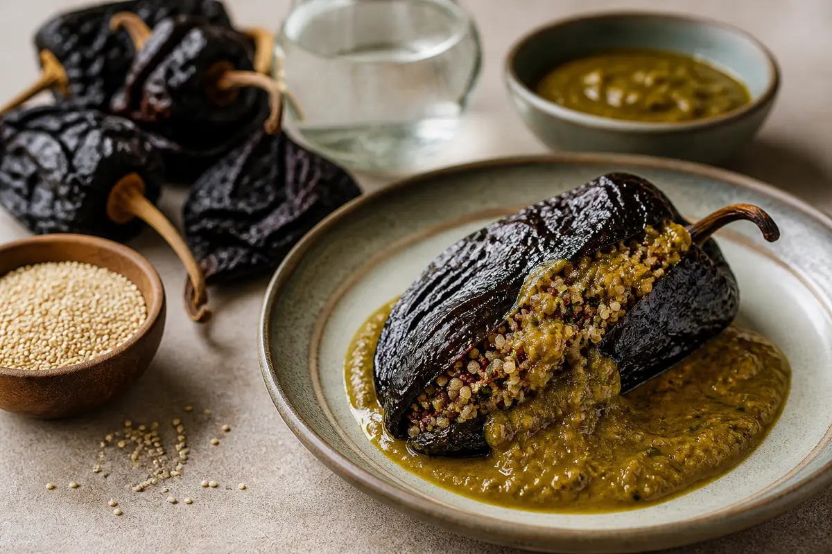 Chile ancho relleno de quinoa al epazote con salsa de pepita tatemada