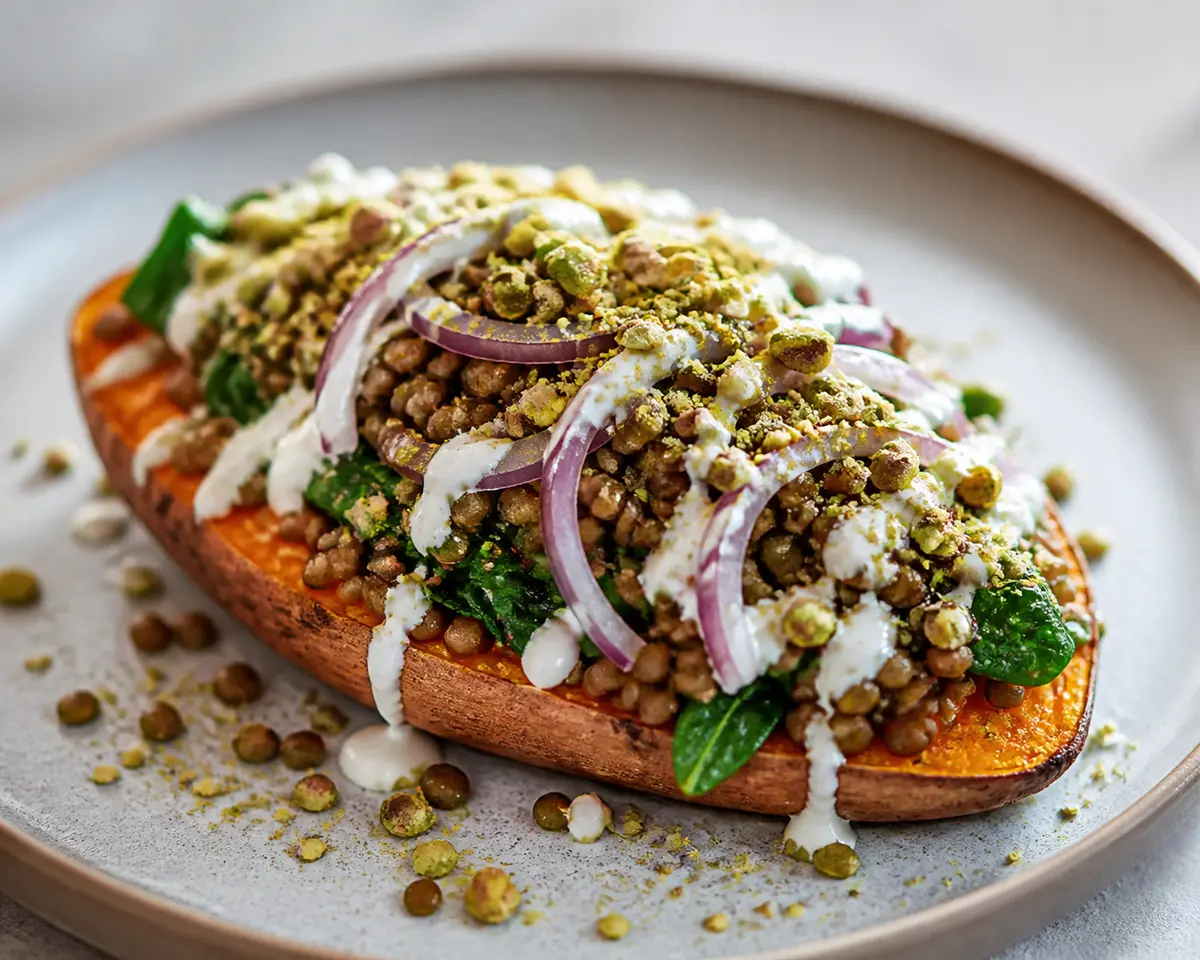 Mediterranean Roasted Sweet Potatoes with Rosemary Lentils, Spinach, Tahini Yogurt and Pistachio Dukkah