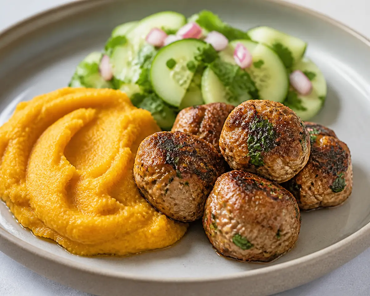 Chipotle Turkey Meatballs with Sweet Plantain Mash and Lime Cucumber Salad