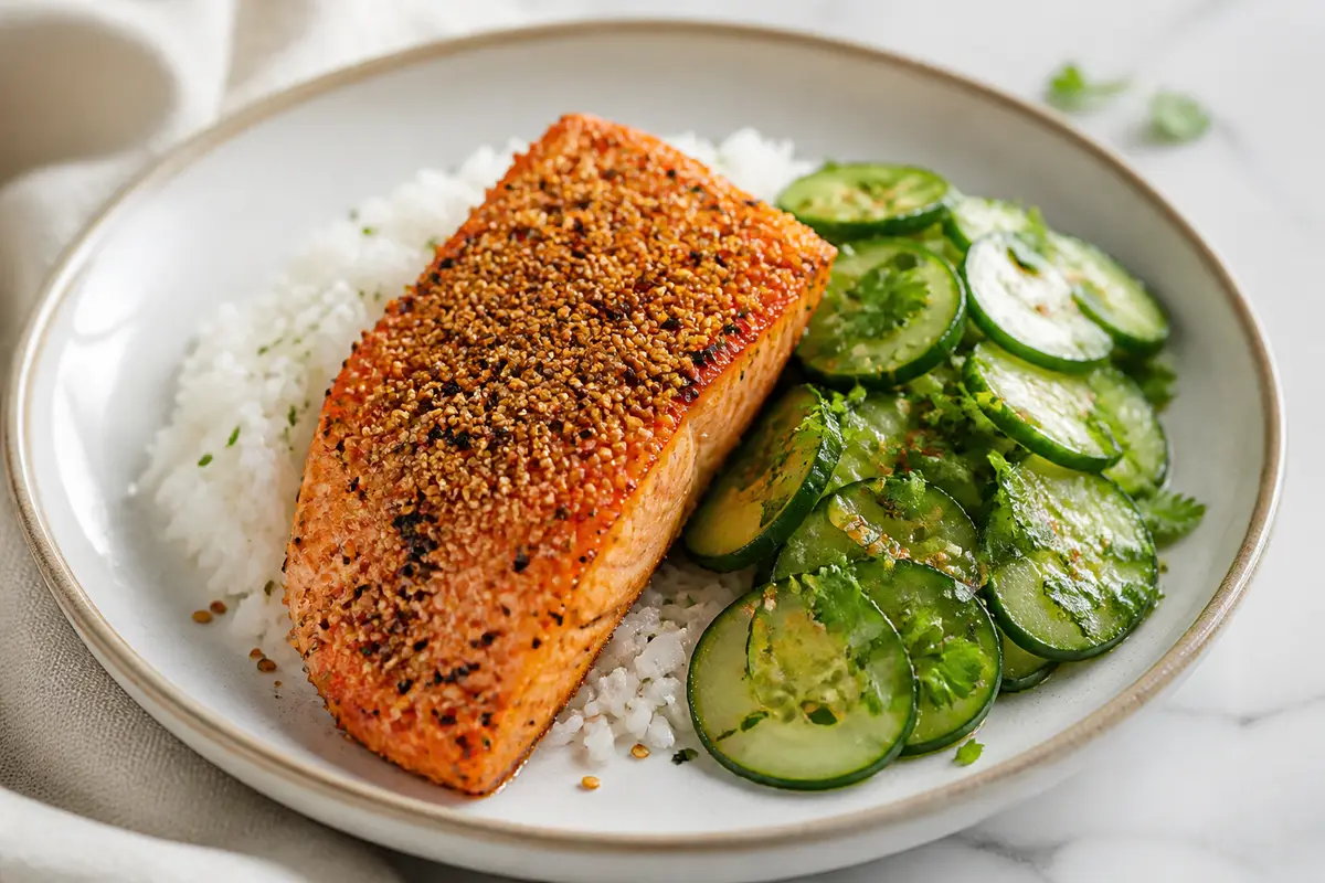 Crispy Sesame-Crusted Salmon with Gentle Coconut Jasmine Rice and Warm Cucumber Herb Salad
