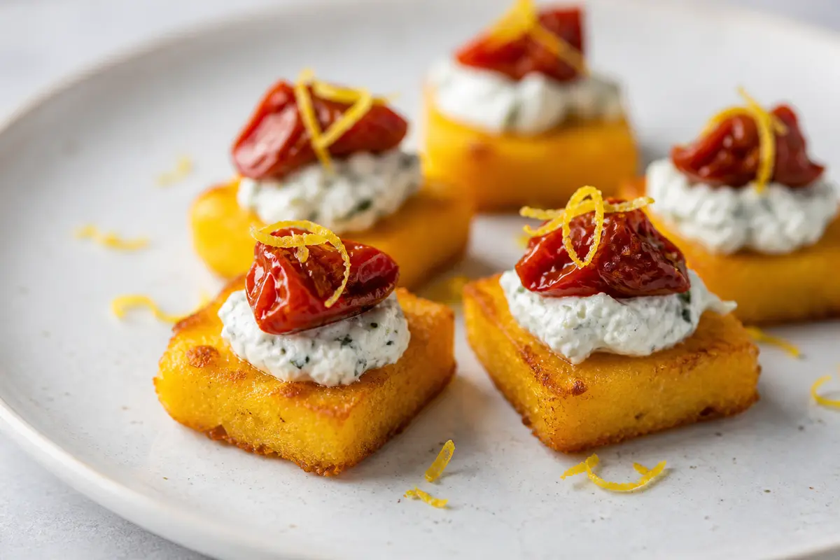 Crujientes de Polenta con Ricotta de Hierbas, Tomate Confitado y Limón