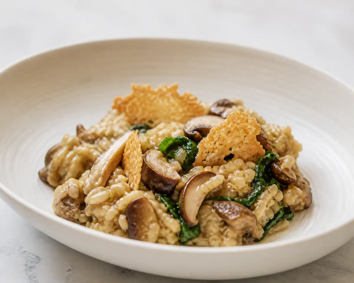 Arroz meloso de setas al jerez, espinaca tierna y crujiente de parmesano