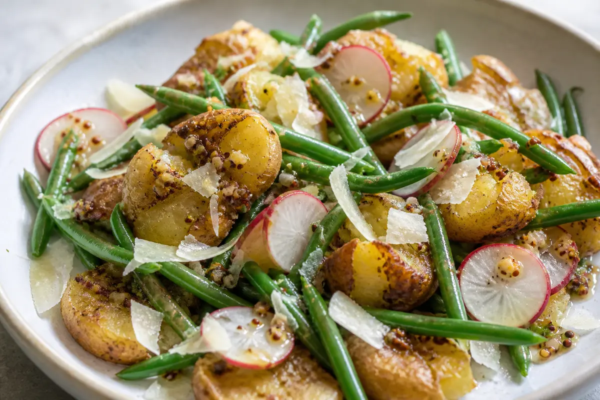 Ensalada tibia de papas baby aplastadas, judías verdes y rábano con cheddar curado y vinagreta de mostaza tostada