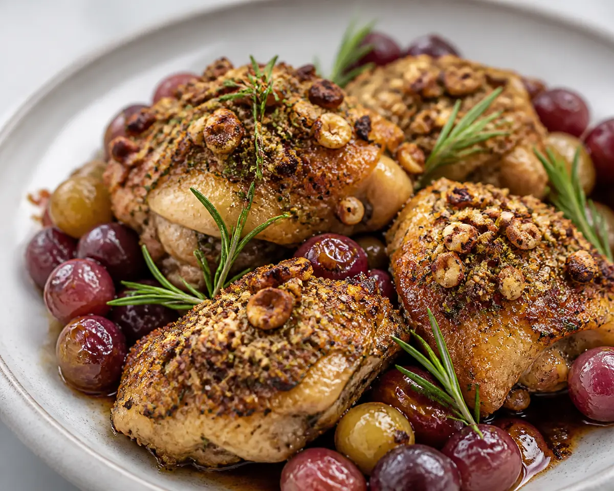 Pollo rostizado con costra de avellana, romero y uvas balsámicas