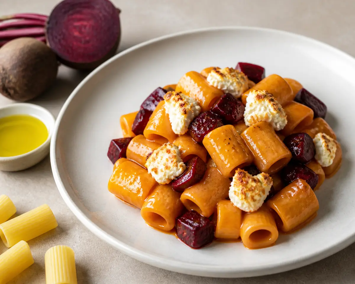 Mezze Maniche with Roasted Beet, Orange Butter, and Crispy Goat Cheese