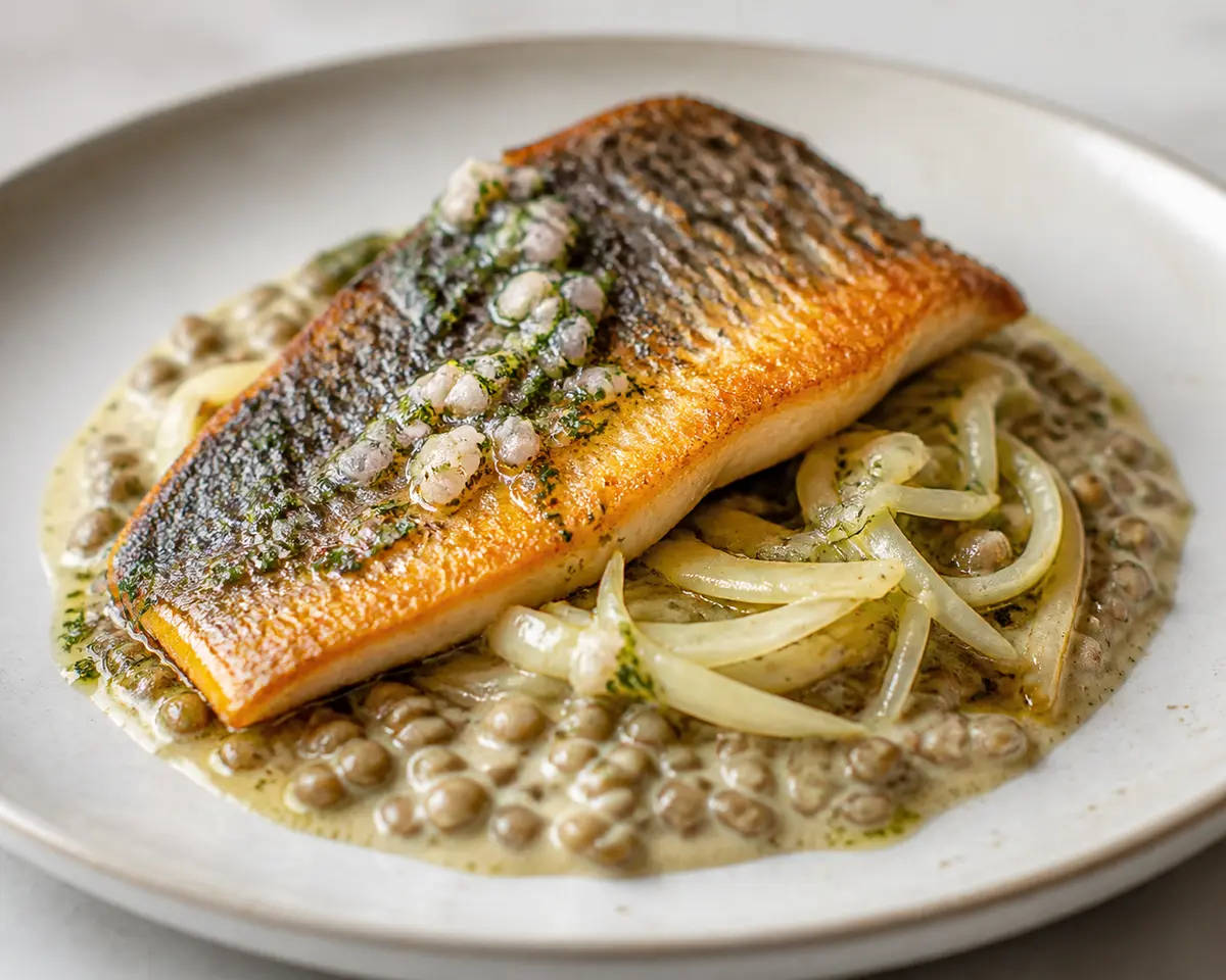 Golden Seared Corvina with Basil Butter, Creamy Lemon Lentils and Sautéed Fennel