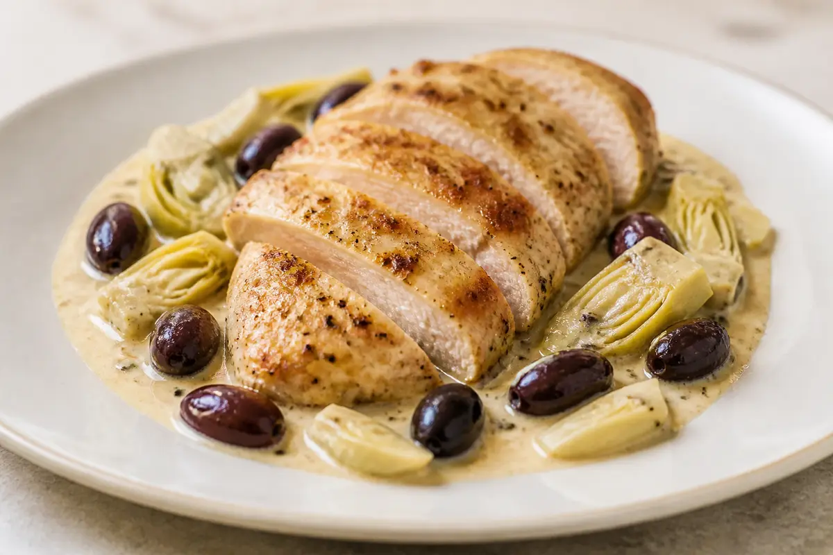 Pollo Keto en Crema de Limón, Aceitunas y Corazones de Alcachofa