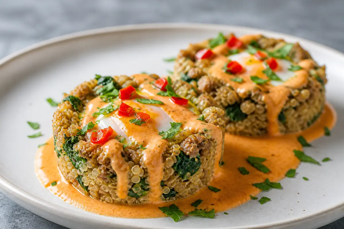 Turkey and Quinoa Nests with Creamy Roasted Pepper Yogurt Sauce