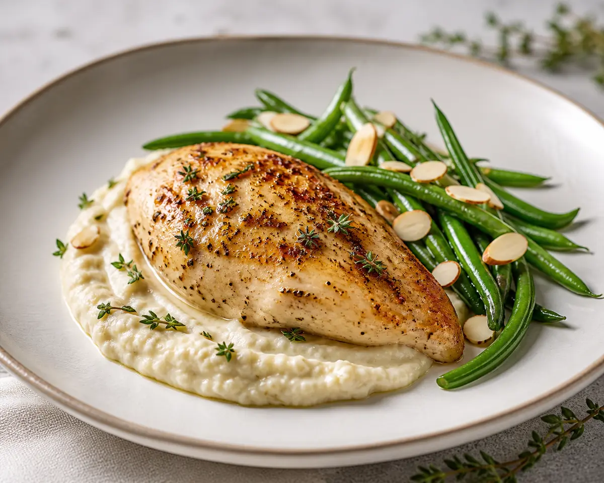 Pollo al Tomillo con Crema de Coliflor Asada y Judías Verdes a la Almendra