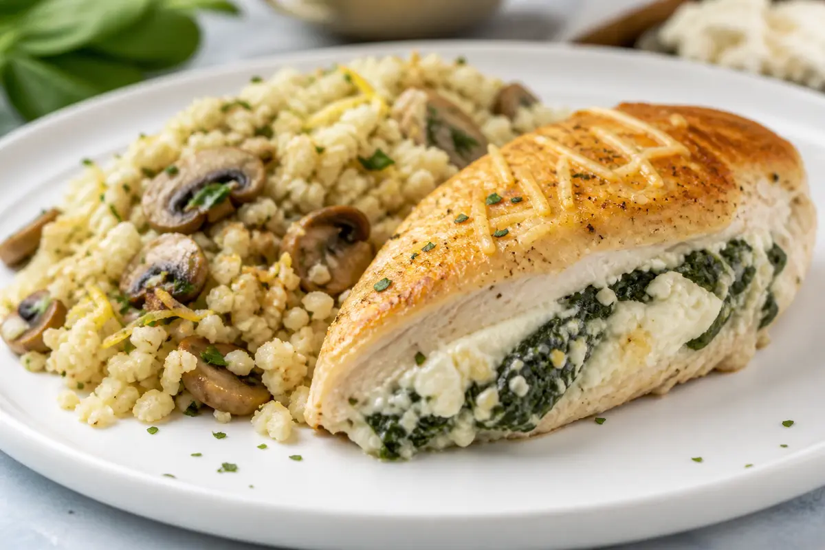 Pechuga de Pollo Rellena de Espinaca y Ricotta con Pilaf de Coliflor, Champiñones y Limón