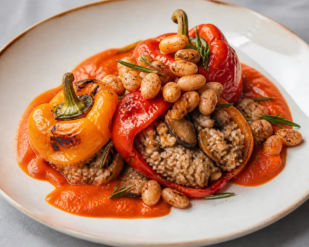 Pimientos dulces asados con arroz de setas al romero, alubias cannellini crujientes y salsa de pimiento rojo y limón