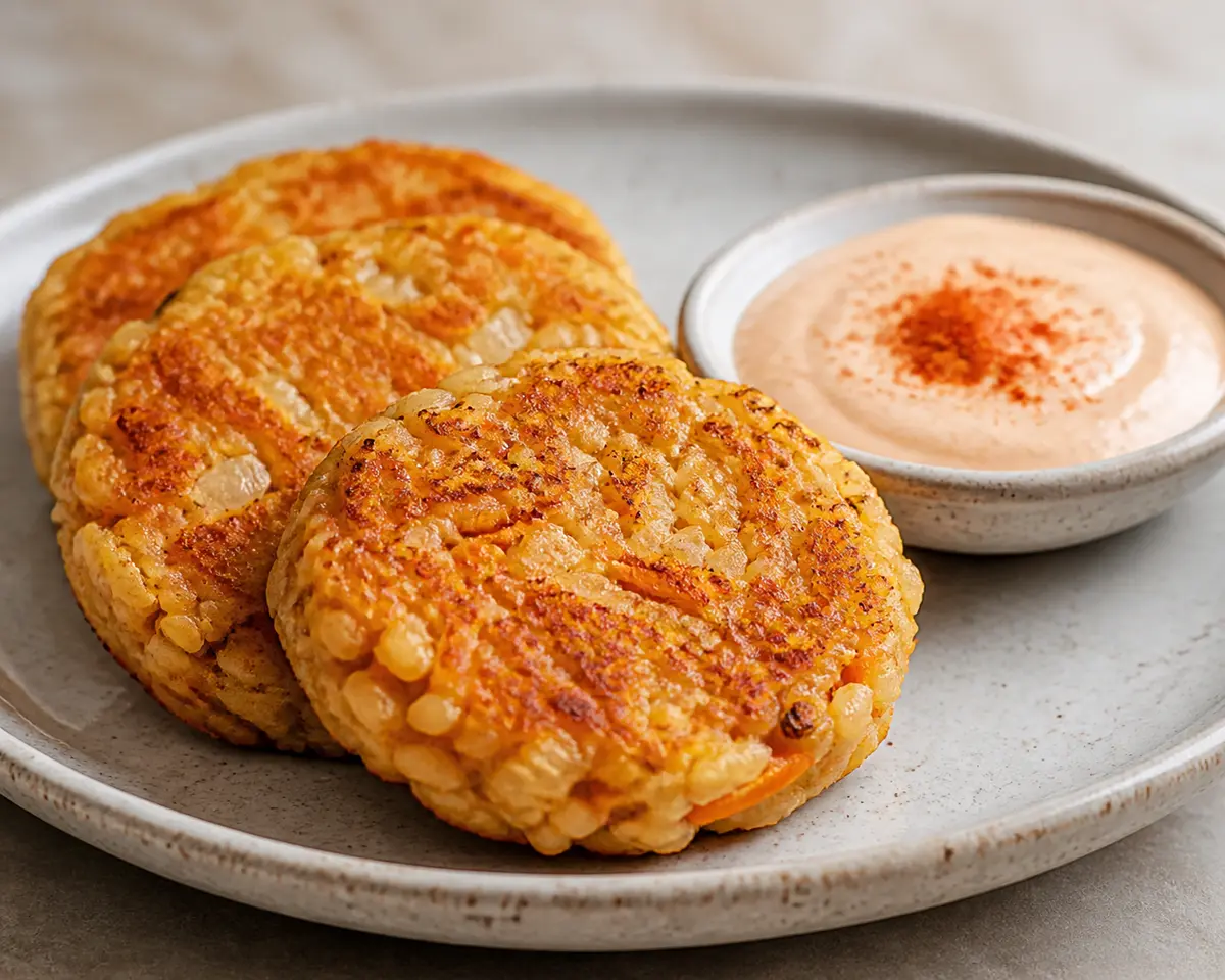Rice, Onion and Carrot Patties with Warm Paprika Yogurt Sauce