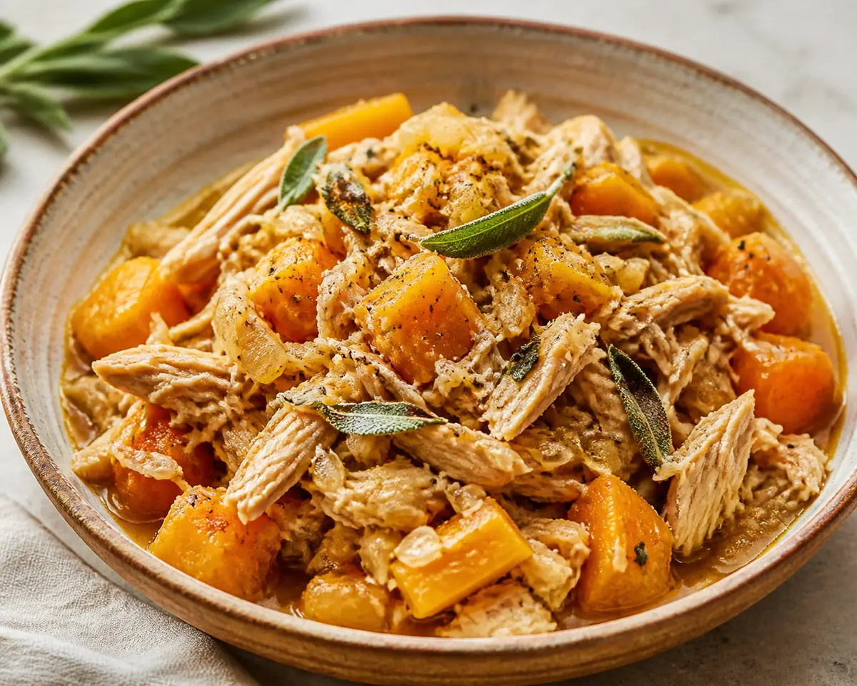 Slow Cooker Shredded Chicken with Butternut Squash, Mild Miso and Sage