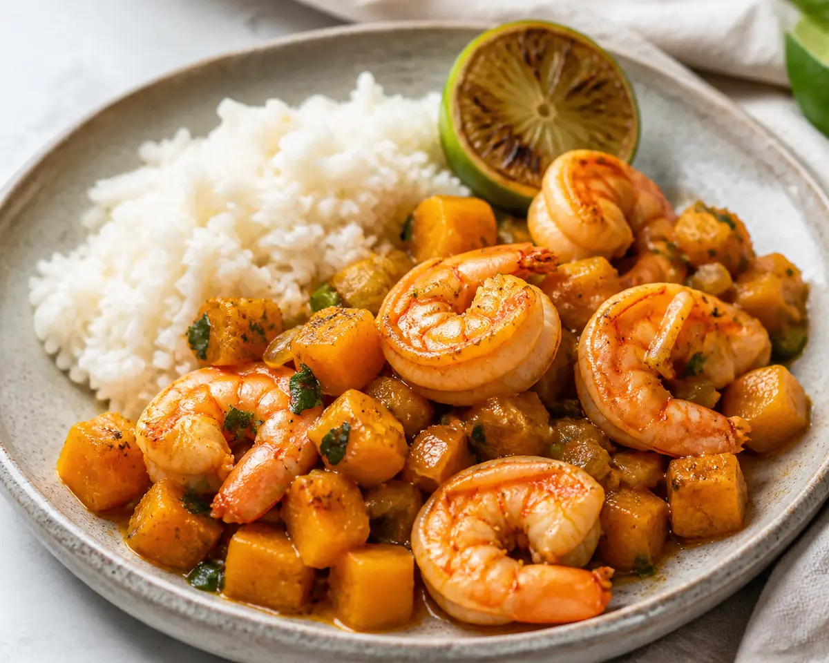 Cazuela Caribeña de Camarones y Calabaza con Arroz de Coco y Lima Tostada