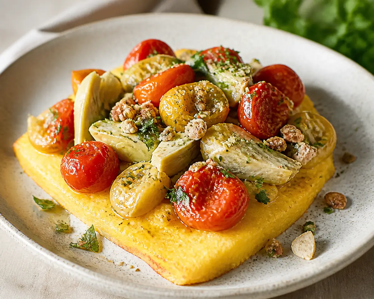 Polenta Mediterránea al Horno con Tomates Burst, Alcachofas al Limón y Gremolata de Almendra