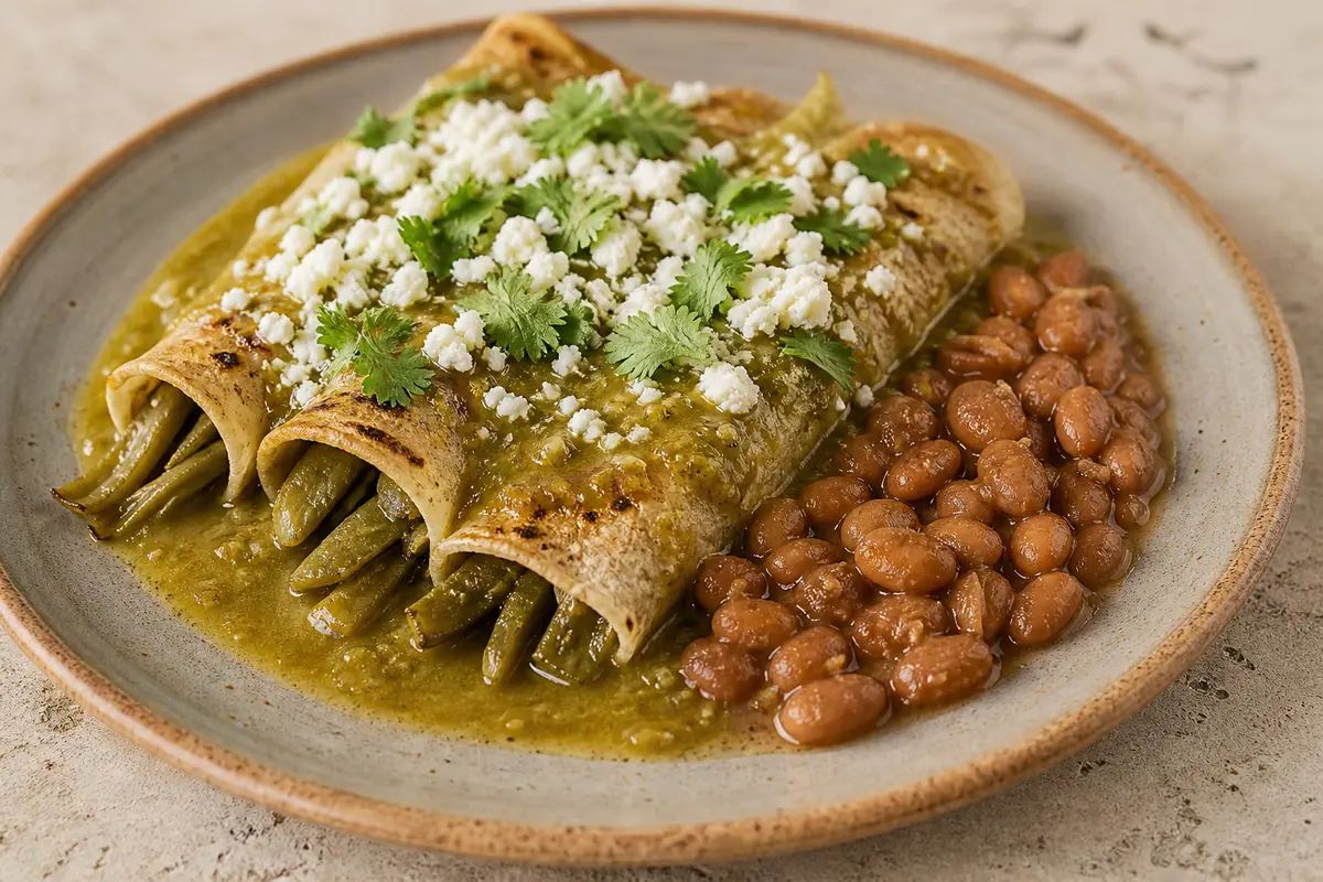 Enchiladas de Nopal Asado con Frijol Pinto al Chipotle y Salsa de Tomate Verde