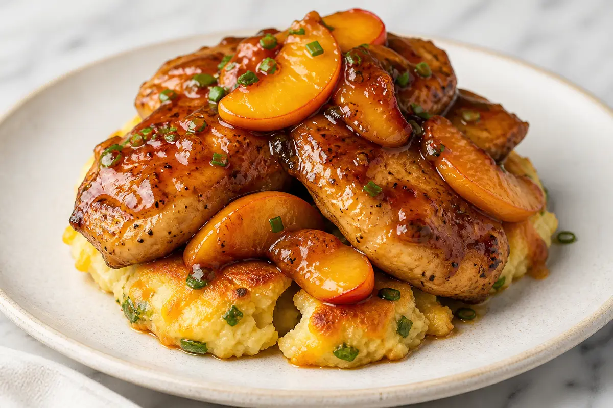 Pollo glaseado con bourbon y melocotón sobre panecillos salados de sartén con cheddar y cebollín