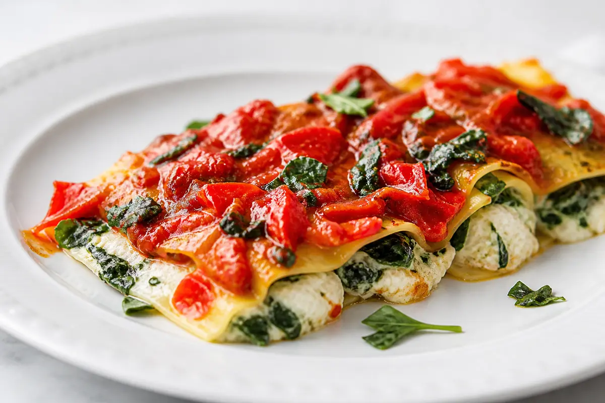 Open-Faced Cannelloni with Ricotta, Spinach and Roasted Red Pepper Sauce
