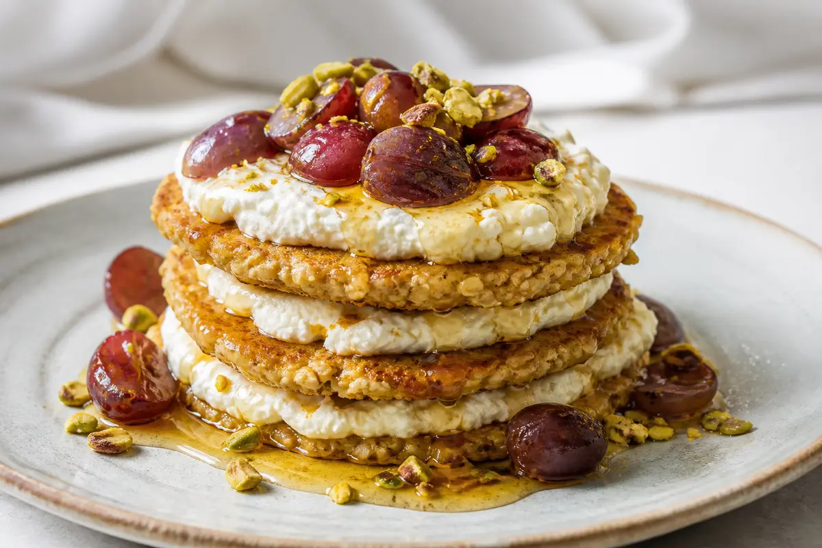 Timbal Crujiente de Mijo con Ricotta de Naranja, Uvas Salteadas y Pistacho
