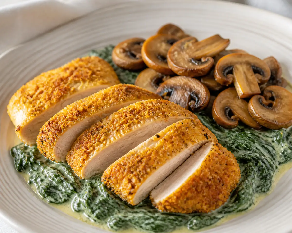 Pollo crujiente con costra de polenta, crema tibia de espinacas y champiñones al ajo