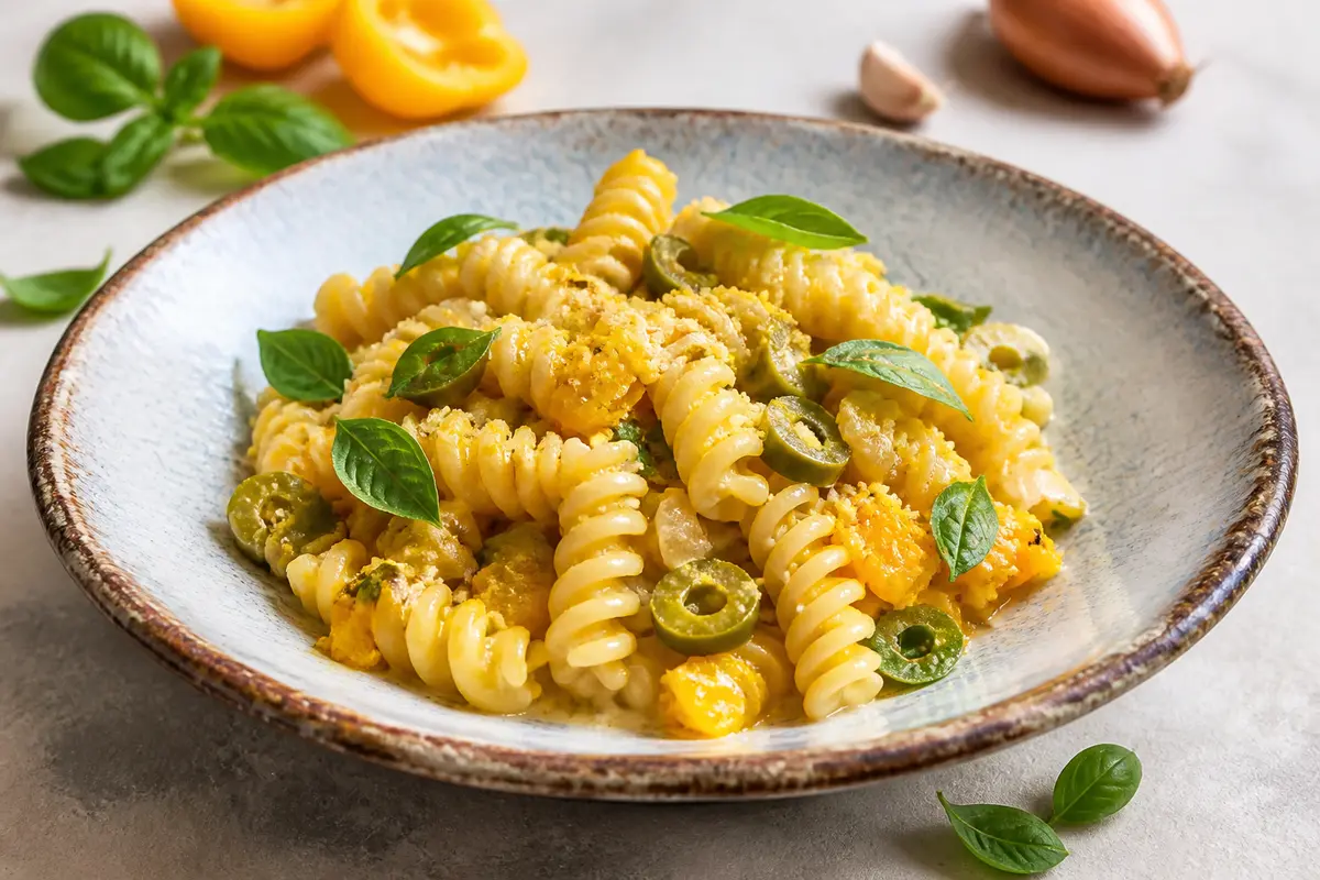Creamy fusilloni with roasted yellow pepper, green olives, basil, and golden Manchego crumbs