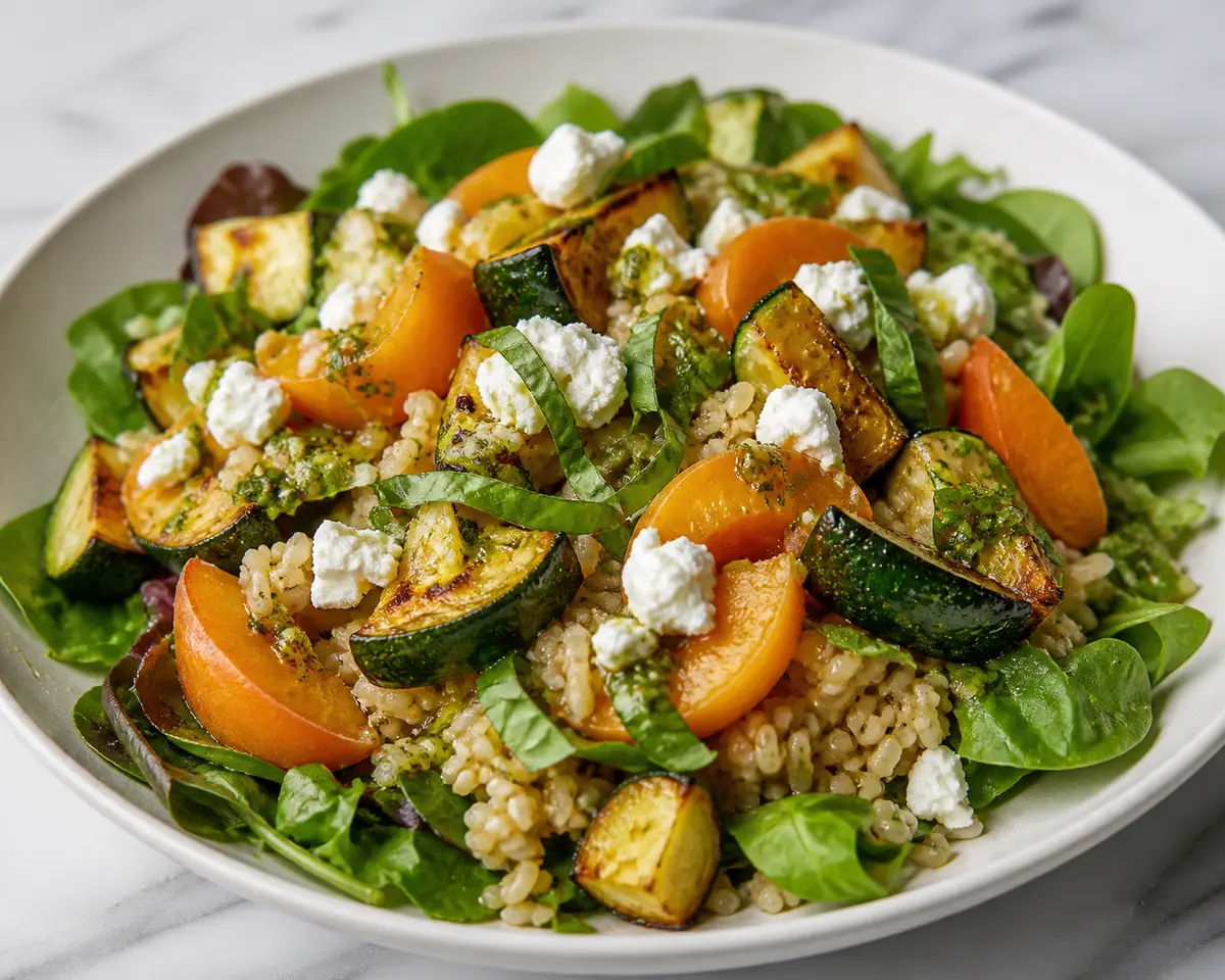 Ensalada tibia de arroz integral crujiente, calabacín asado, albaricoques frescos y queso de cabra con vinagreta de albahaca y limón