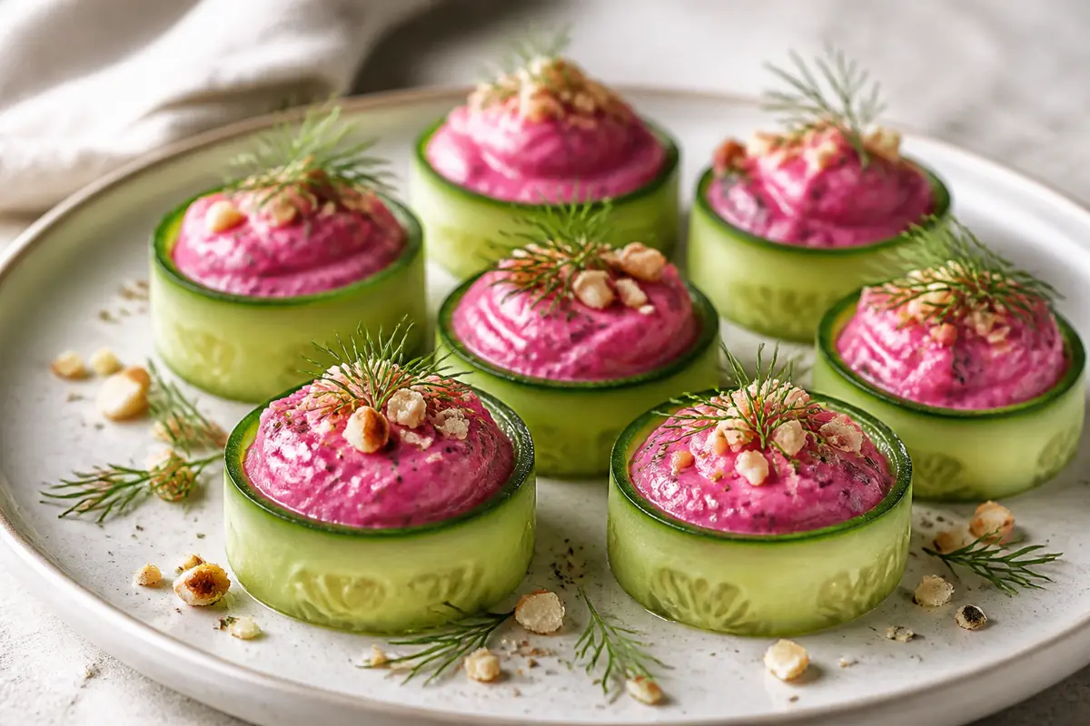 Tartaletas de Pepino Crujiente con Crema de Remolacha, Eneldo y Avellana