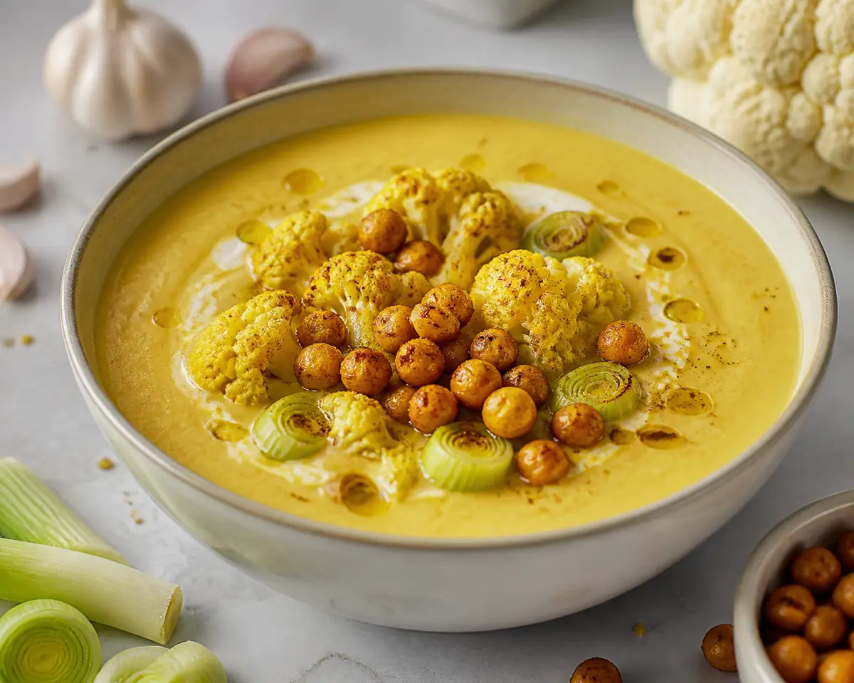 Sopa de Coliflor Dorada, Puerro y Tahini con Garbanzos Especiados