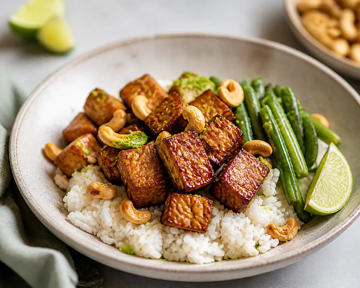 Arroz Meloso de Coco y Lima con Tempeh Caramelizado, Judías Verdes y Anacardos Tostados