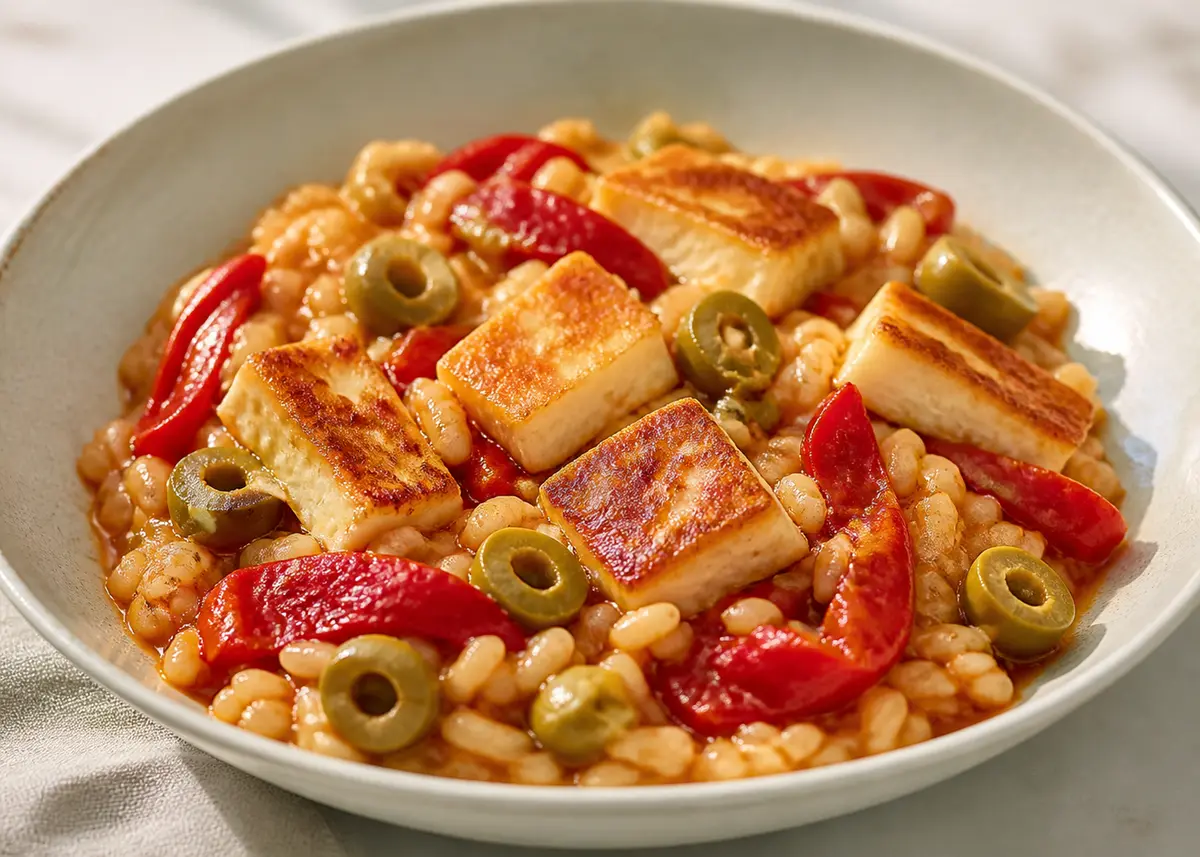 Arroz meloso de pimiento del piquillo, aceituna verde y halloumi dorado