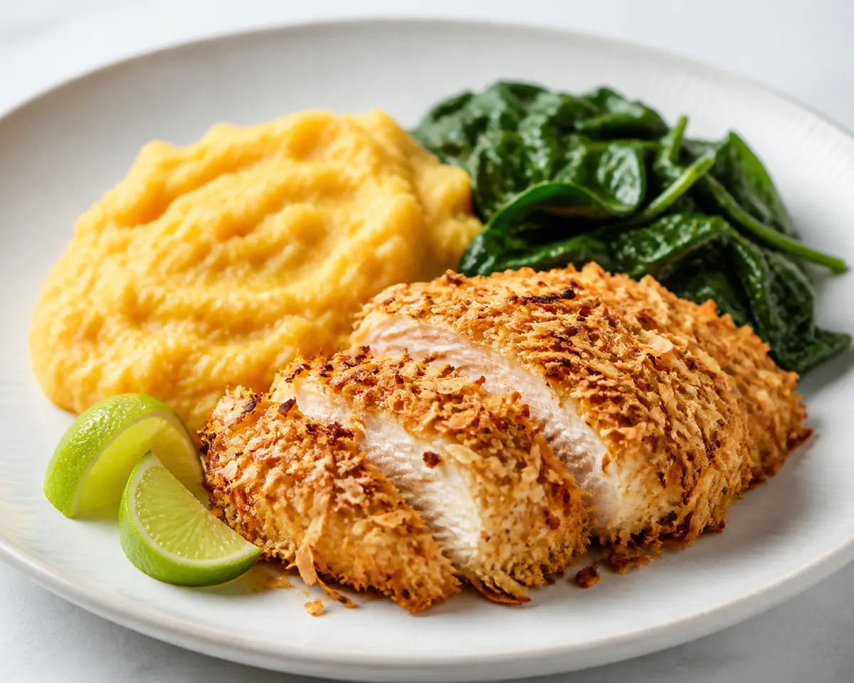 Crispy Coconut-Lime Chicken with Rutabaga Mash and Sautéed Spinach