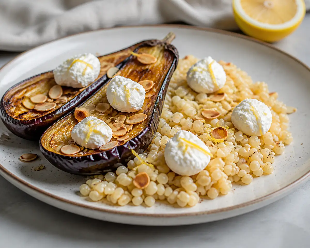 Berenjenas Asadas con Cebada Perlada al Limón, Ricotta Batida y Almendras Tostadas