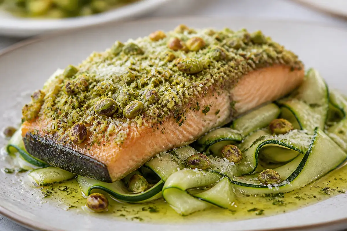 Salmón Keto al Horno con Costra de Pistacho y Mantequilla de Hierbas sobre Cintas de Calabacín