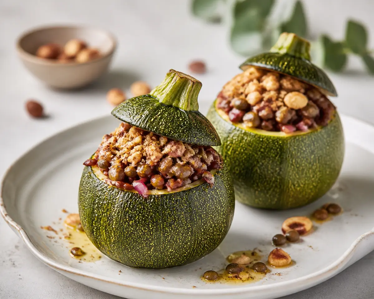 Round Zucchini Stuffed with Red Rice, Lemony Lentils and Hazelnut Crust
