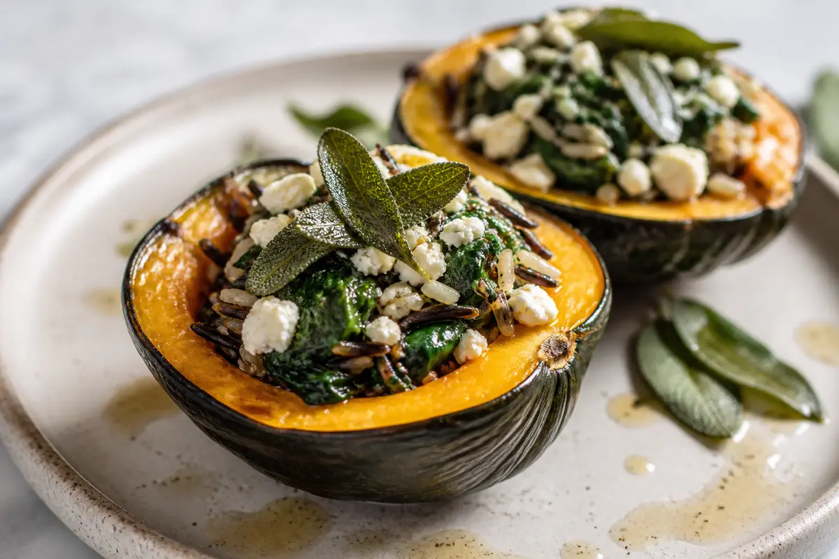 Calabaza Bellota Rellena de Arroz Salvaje, Espinaca y Feta con Mantequilla de Salvia