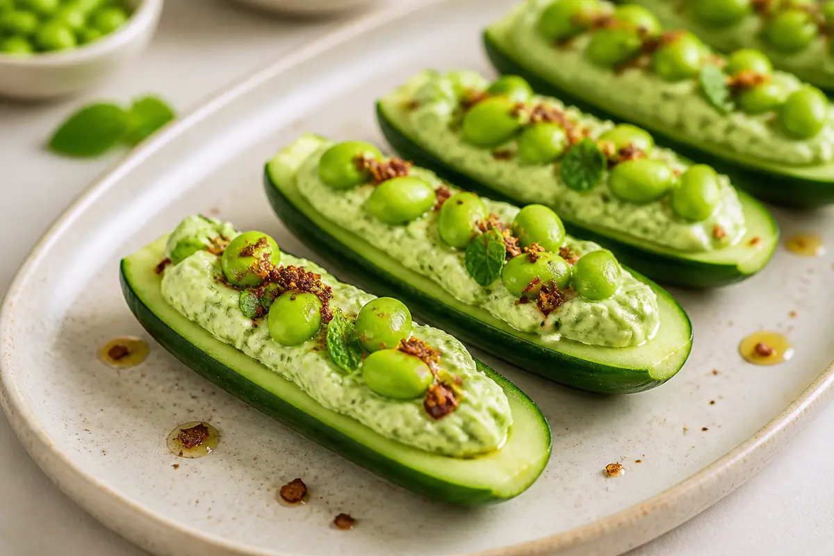 Cucharas de pepino con crema de edamame, menta y chile crujiente