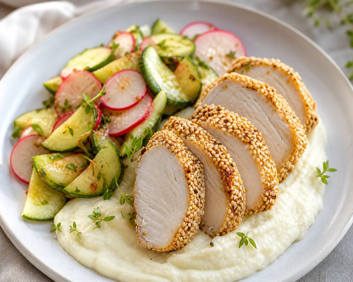 Roasted Turkey with Sesame Crust, Cauliflower Mash and Warm Cucumber Radish Salad
