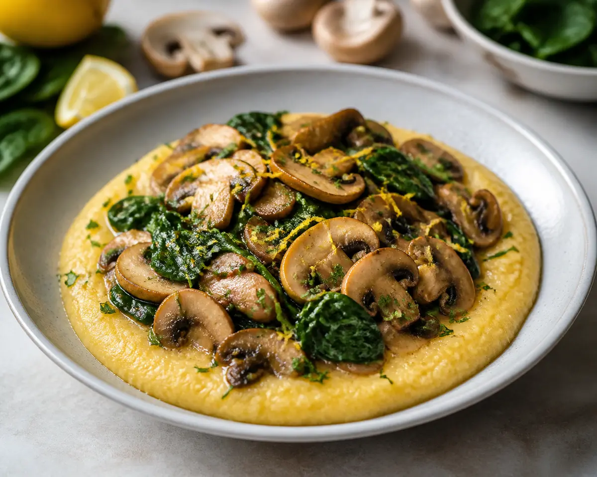Polenta Cremosa Exprés con Champiñones Dorados, Espinaca y Limón