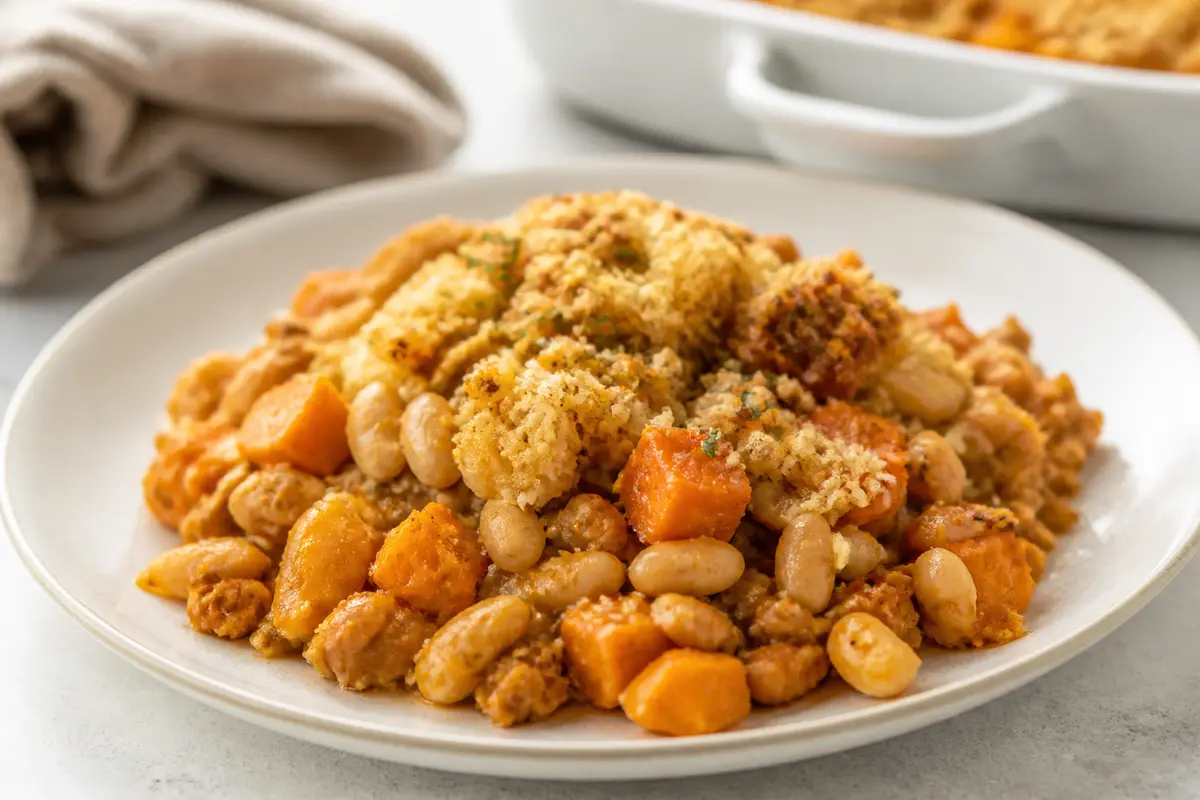 Family White Bean, Turkey and Sweet Potato Bake with Crispy Herb Topping