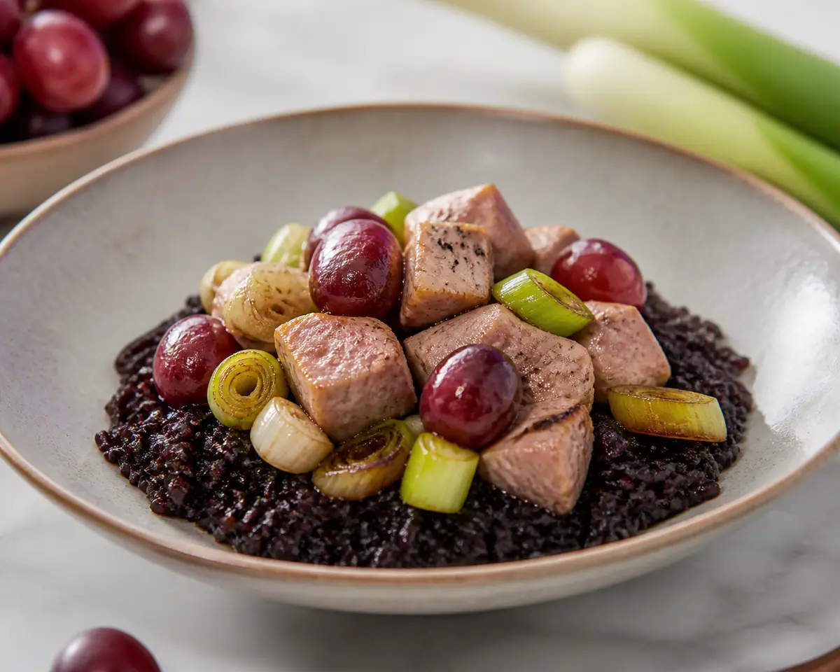 Lomo de cerdo con uvas rostizadas, puerro y arroz negro en Instant Pot