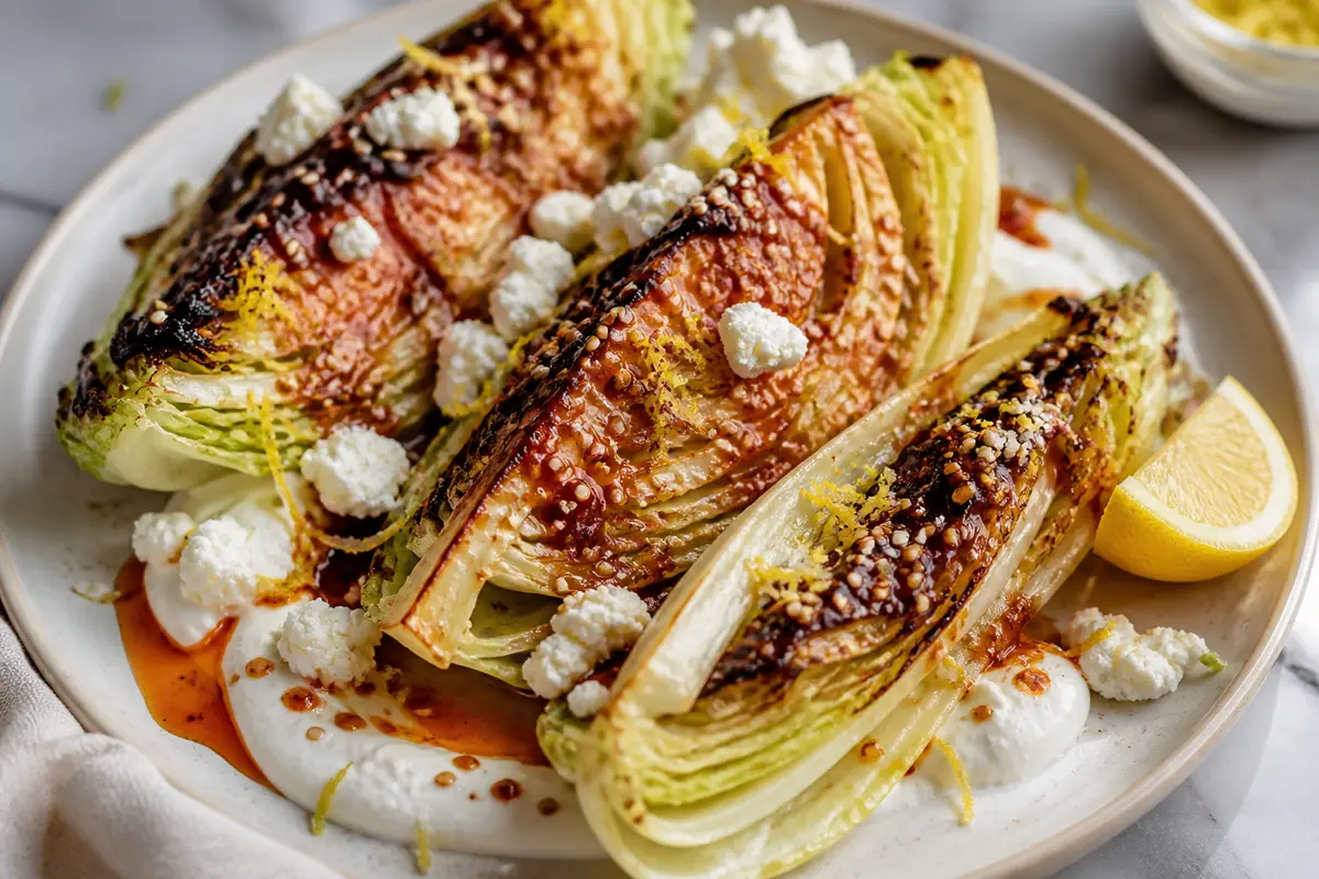 Sweet and Spicy Air Fryer Cabbage Wedges with Whipped Feta, Lemon, and Crunchy Sesame