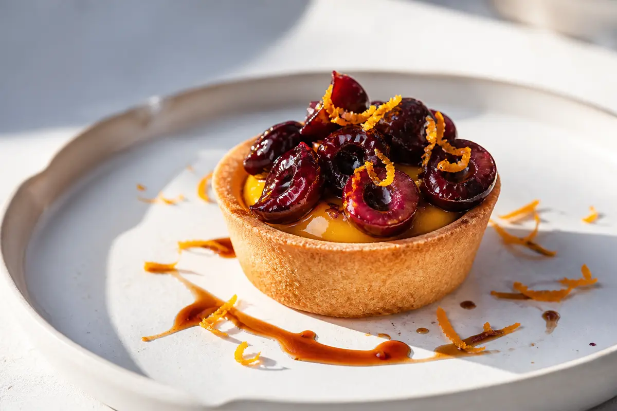 Copa Tibia de Sablé de Almendra, Crema de Naranja y Cerezas Asadas